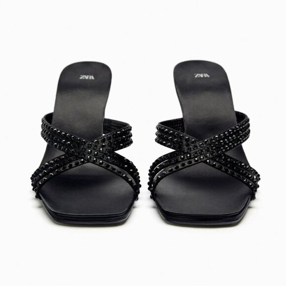 ZARA SATIN EFFECT RHINESTONE HEELED SANDALS BLACK SIZE 9 | 1815/110/800 - Picture 2 of 12